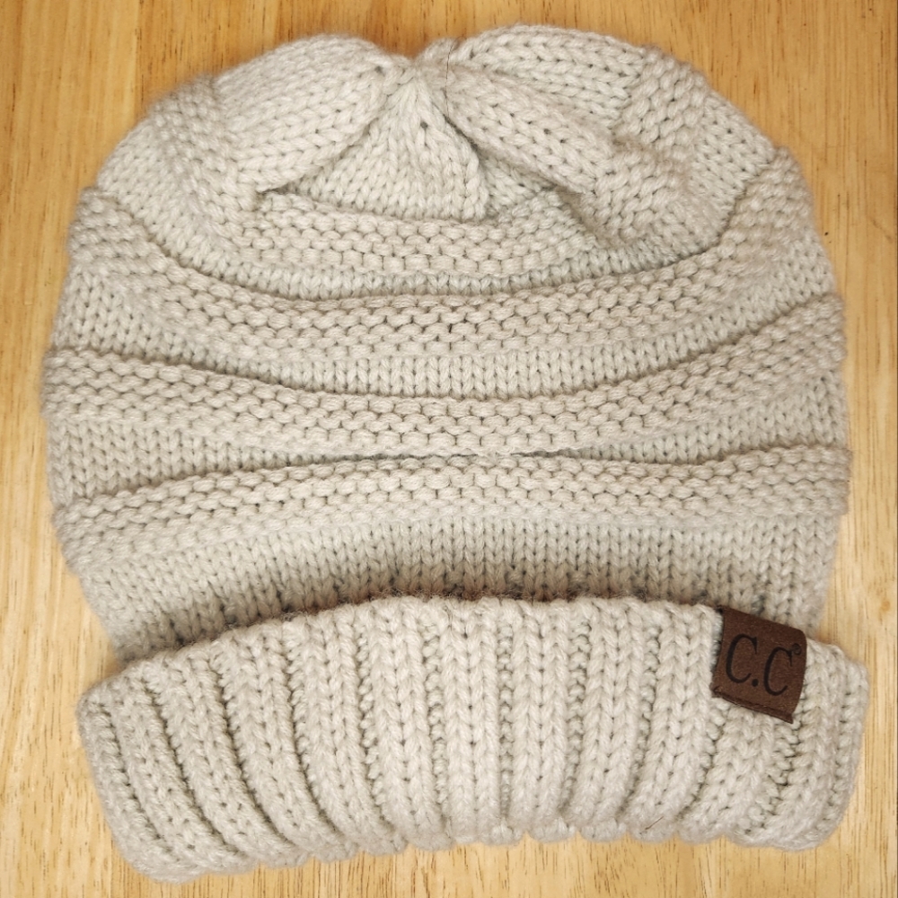 C.C Beige colored thick knit beanie hat